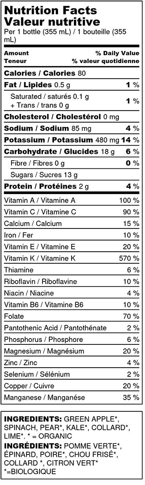 pretty green cold-pressed juice nutrition facts label
