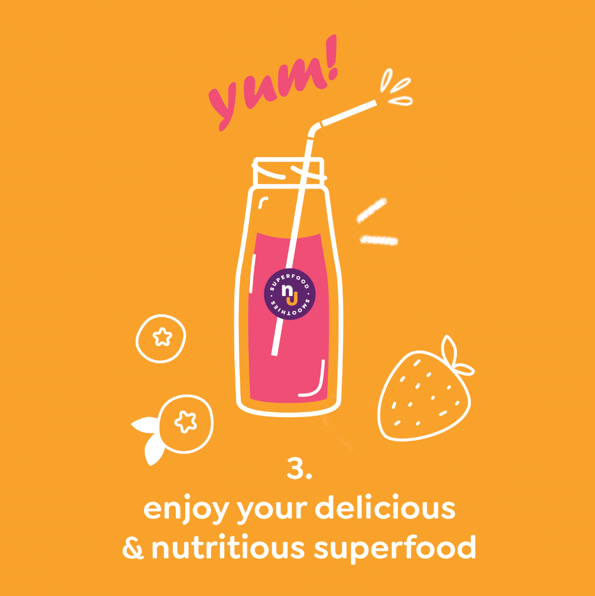 orange background with comical smoothie graphic advising step 3 - enjoy your delicious & nutritious superfood smoothie