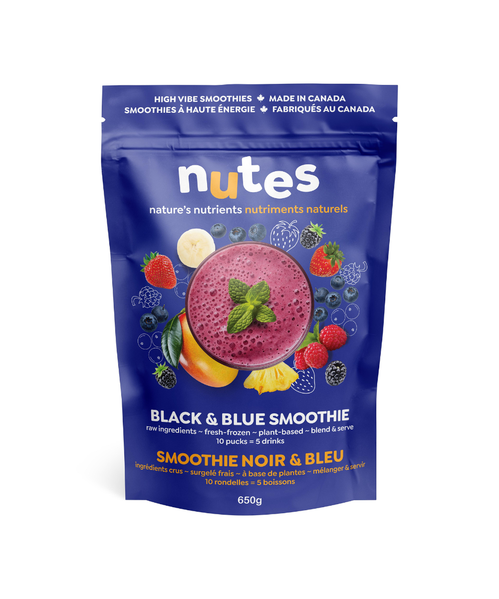 Nutes black & blue frozen superfood Smoothie - Front of vibrant blue package with smoothie image and fresh plant-based ingredients.