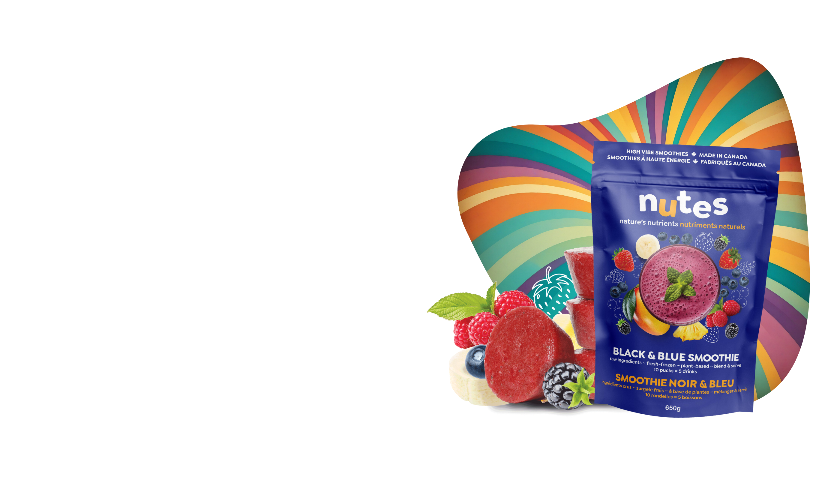 Graphic with nutes frozen superfood smoothie in black & blue flavour with smoothie pucks and berries and high-vibe background