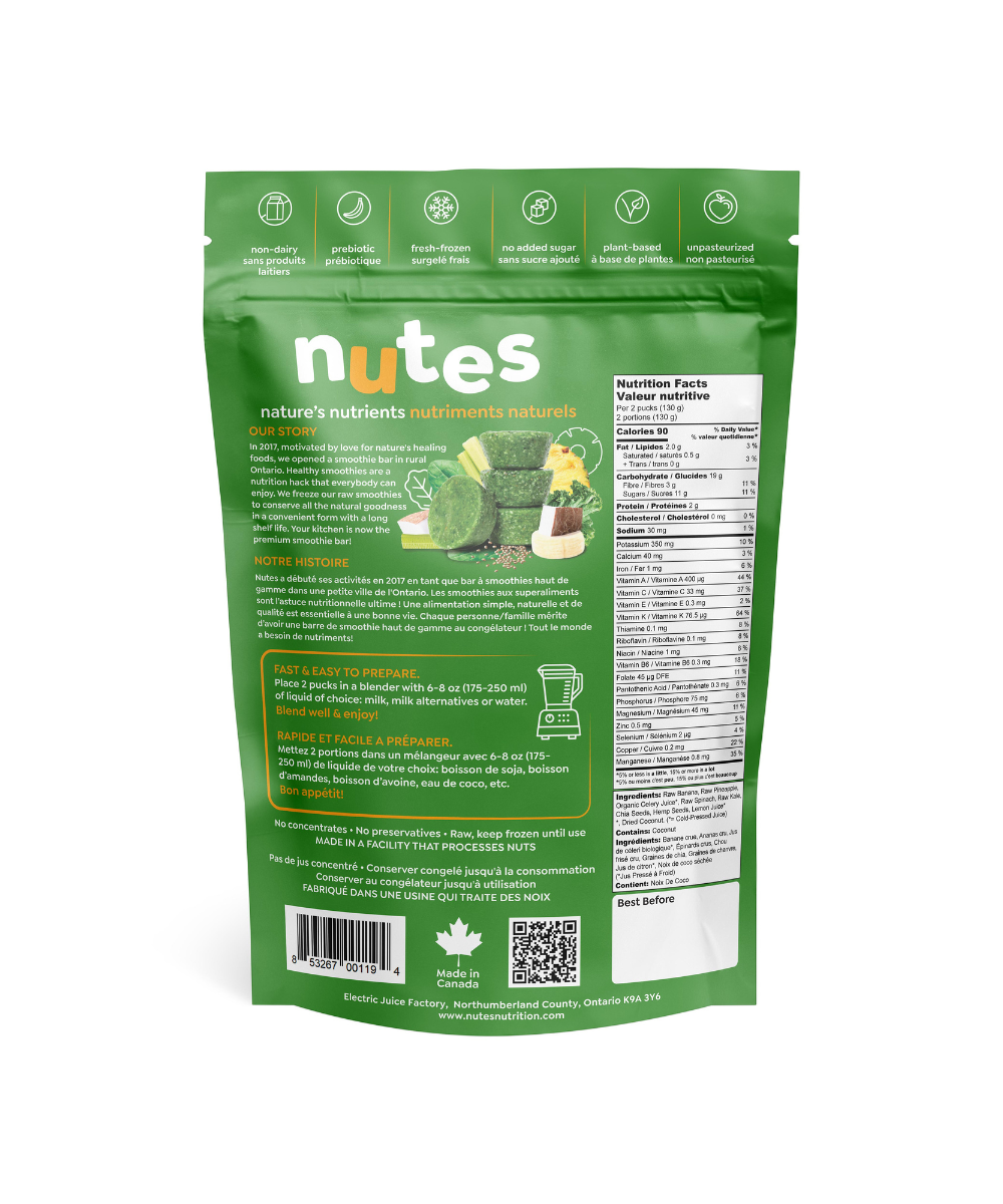 Nutes go go green frozen superfood smoothie - back of package showing nutrition facts, ingredients, and prep steps.