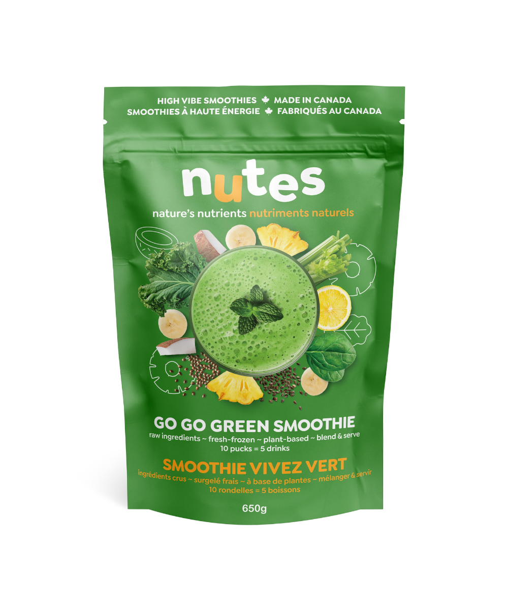 Nutes go go green frozen superfood Smoothie - Front of vibrant green package with smoothie image and fresh plant-based ingredients.