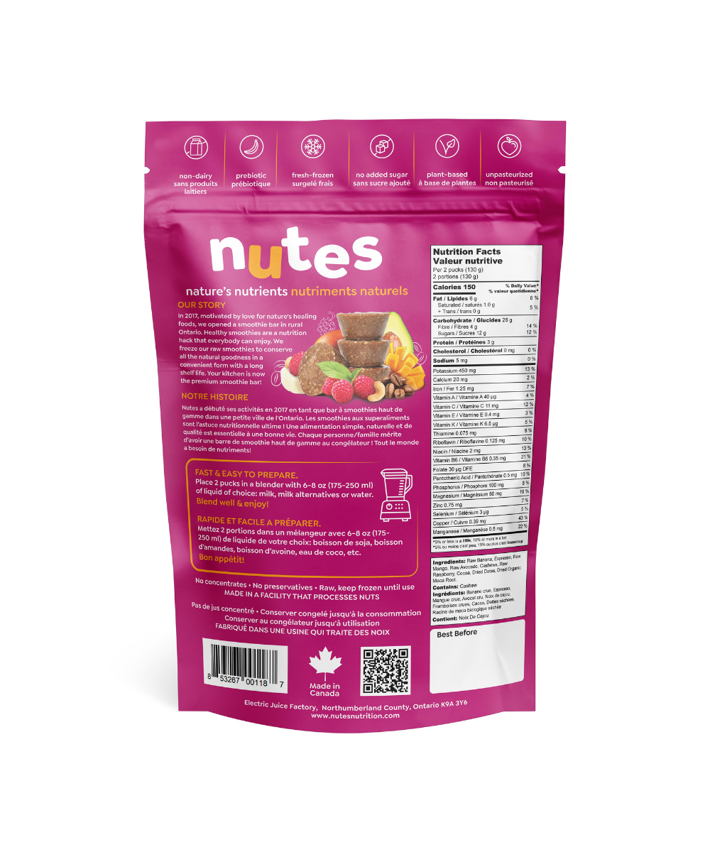 Nutes mocha berry frozen superfood smoothie – back of package showing nutrition facts, ingredients, and prep steps.