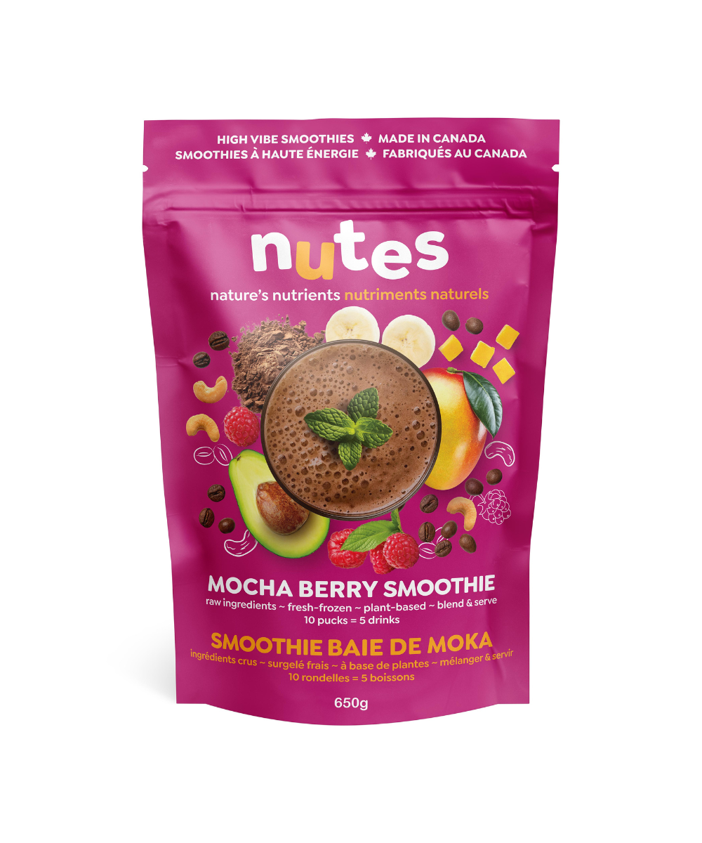 Nutes mocha berry frozen superfood Smoothie - Front of vibrant dark pink package with smoothie image and fresh plant-based ingredients.