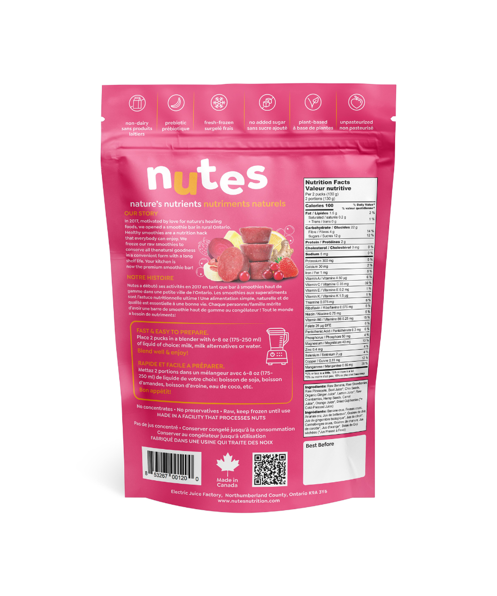Nutes pink pulse frozen superfood smoothie - back of package showing nutrition facts, ingredients, and prep steps.