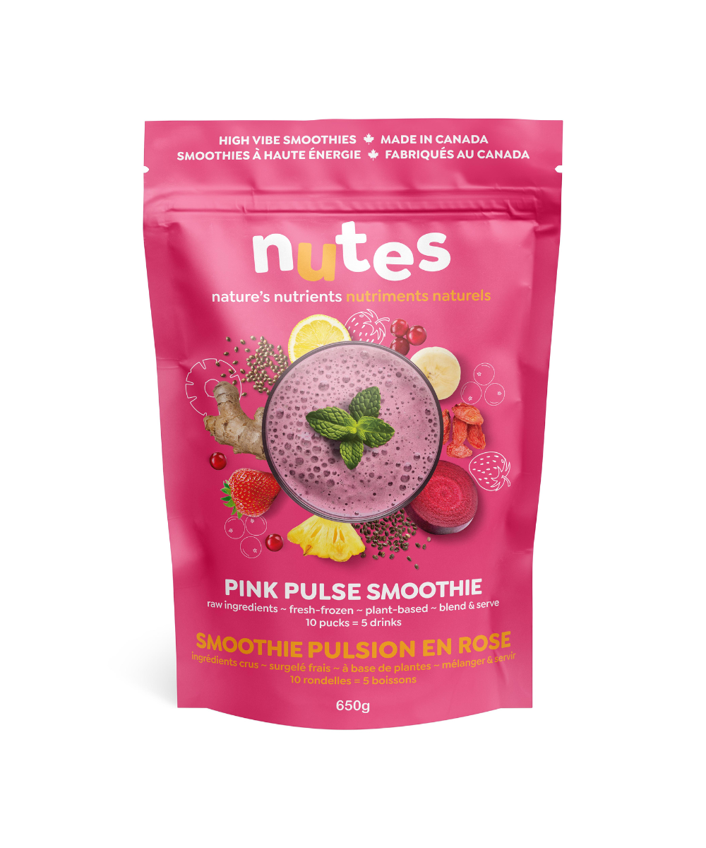 Nutes Pink Pulse frozen superfood Smoothie - Front of vibrant pink package with smoothie image and fresh plant-based ingredients.