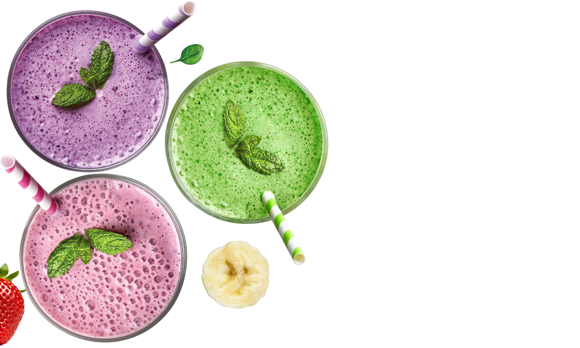 aerial view of three different flavours of Nutes superfood smoothies with straws in glasses