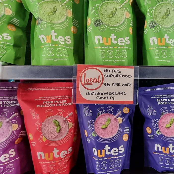 Nutes superfood smoothie puck packages on a local store shelf