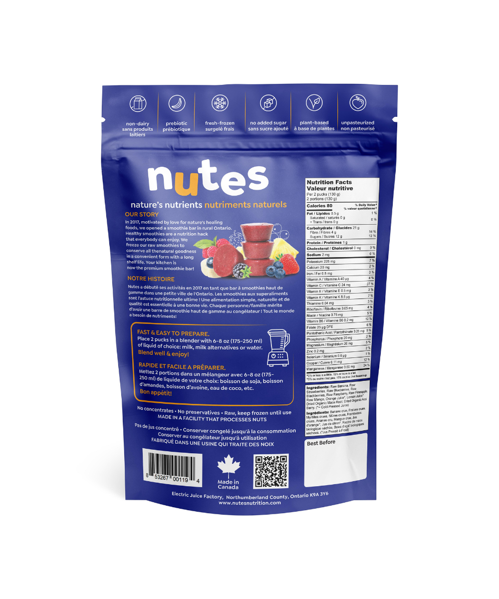 Nutes black & blue frozen superfood smoothie – back of package showing nutrition facts, ingredients, and prep steps.