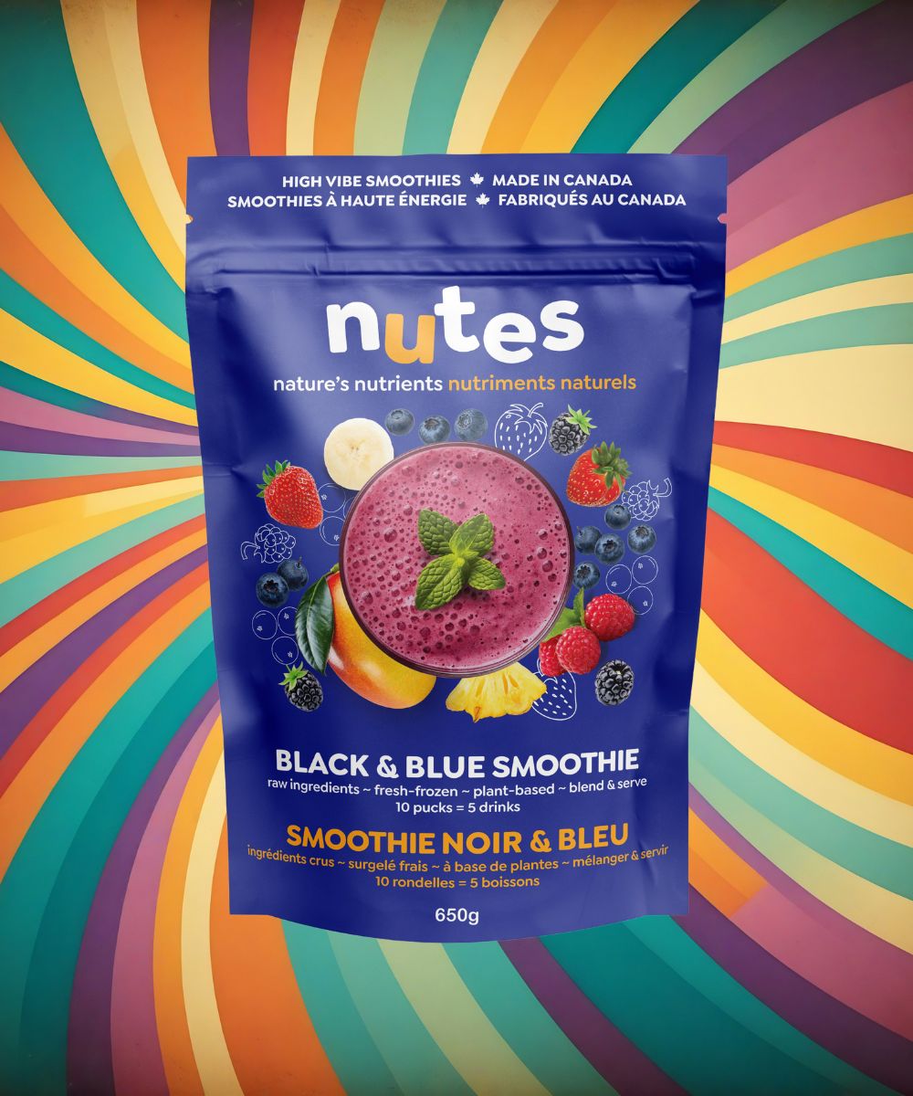 Nutes frozen superfood smoothie, black & blue flavoured package with high-vibe background