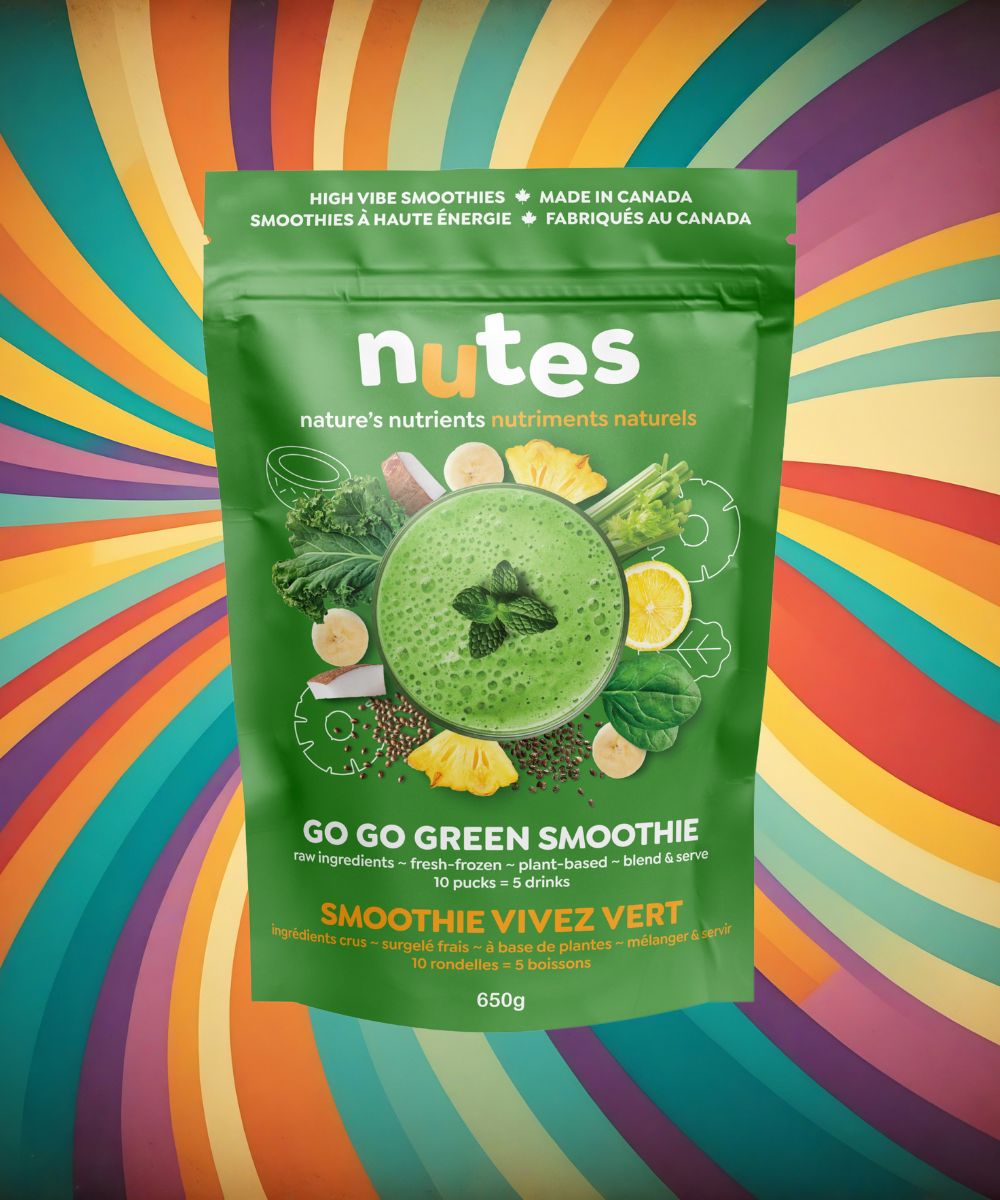 Nutes frozen superfood smoothie, go go green flavoured package with high-vibe background