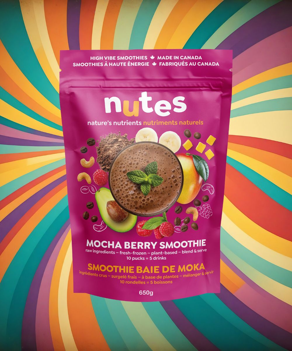 Nutes frozen superfood smoothie, mocha berry flavoured package with high-vibe background