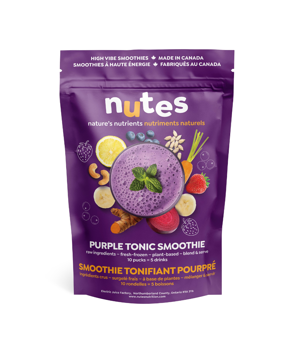 Nutes purple tonic frozen superfood Smoothie - Front of vibrant purple package with smoothie image and fresh plant-based ingredients.